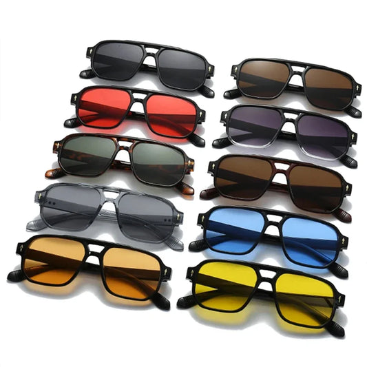 Vintage Double Bridges Men Square Sunglasses Fashion Green Ocean Lens UV400 Eyewear Women Trending Rivets Sun Glasses