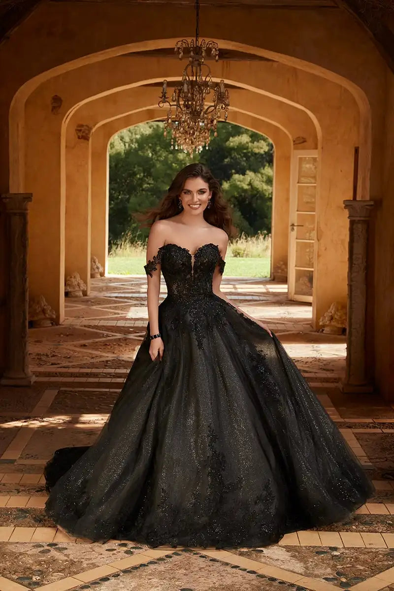 Shiny Black Off The Shoulder Sequined Lace Applique Sweethart A Line  Wedding Dresses Sweep Train Custom Made 2024 Rode De Morri