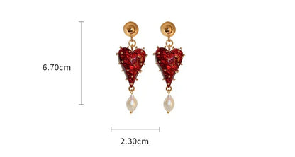 Charming Red Color Resin Love Heart Dangle Earrings for Women Baroque Freshwater Pearl Long Earring Wedding Party Jewelry