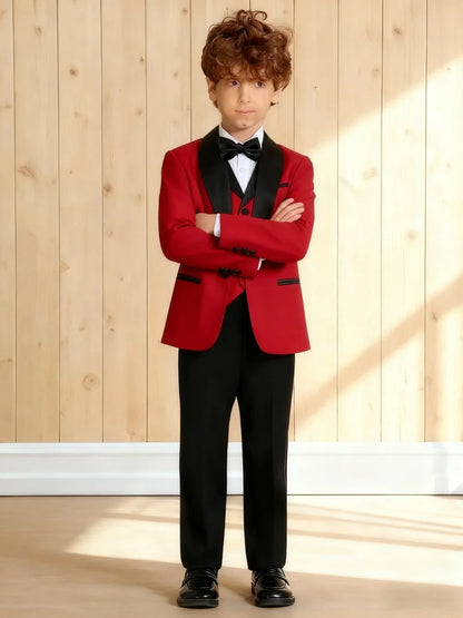 Boys' Formal Red  Black Tuxedo Suit with Black Bow Tie Elegant Flower Boy Outfit Weddings Kids' Formal Events  Special Occasions