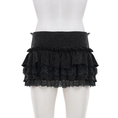 Sweet Cute Lace Fluffy Cake Skirt Korean Casual Elastic Low Waist Mini Skirt Y2K Women Clothing Summer Harajuku 2026