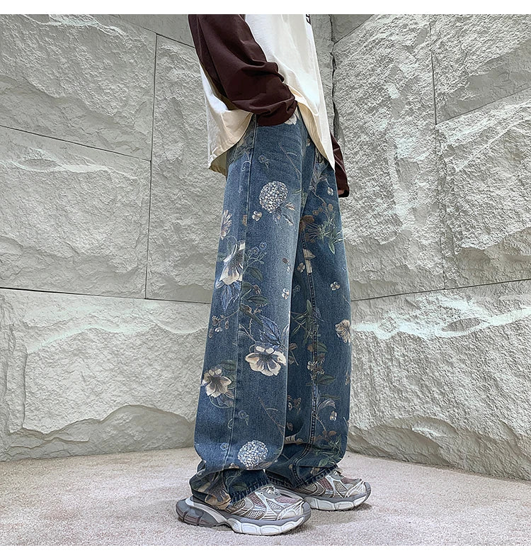 Mens Fashion Printed Jeans 2024 Spring Floral Denim Mopping Trousers Korean Style High Street Loose Hip Hop Wide-leg Jean Pants