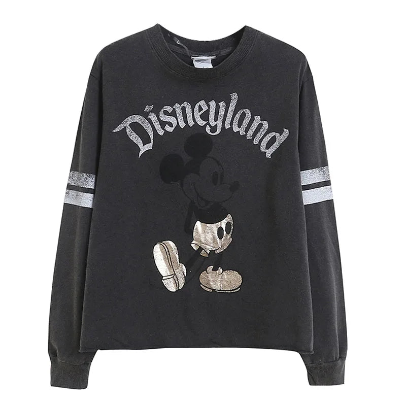 Retro Distressed Sweatshirt Women Mickey Mouse Casual Pullover Tops O Neck Long Sleeve Jumper Streetwear