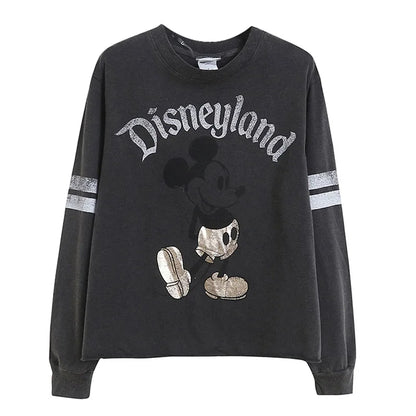 Retro Distressed Sweatshirt Women Mickey Mouse Casual Pullover Tops O Neck Long Sleeve Jumper Streetwear