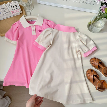 Girls Cotton Lapel Collar Dress Cute Solid Color  Pink  A-line Dress Kids Casual Skin-friendly Daily  Dress
