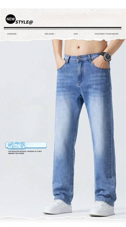Summer Thin Straight Jeans Men's Clothing Soft Breathable Trousers Male Brand Comfortable Business Loose Denim Pants