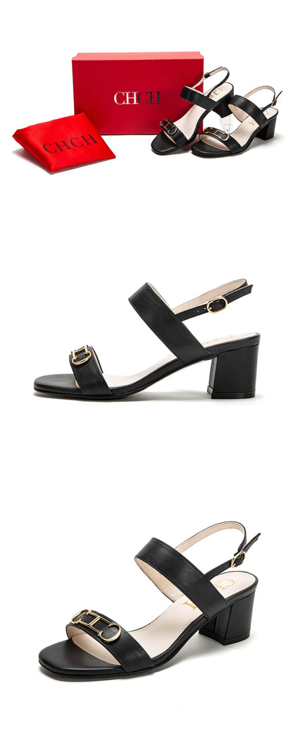 2024 Summer New Women's Sandals Mid Heel Casual Shoes Sandals Black White Thin Strap Adjustable