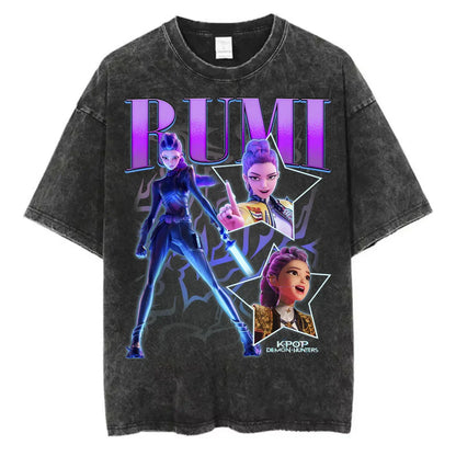 Washed Kpop Anime Demon Hunter Huntrix Girls T Shirt Kawaii Cute Fashion Unisex T-shirts Oversized Cotton Casual Vintage T-Shirt
