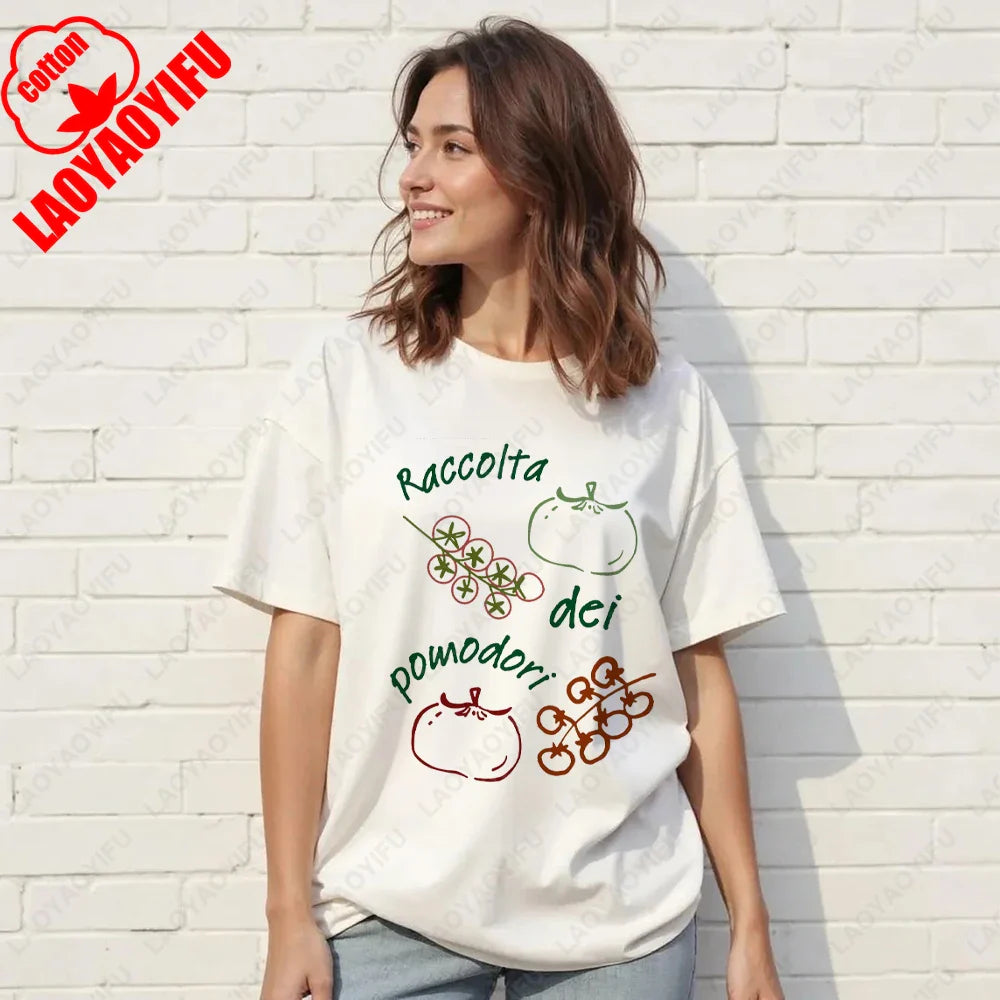 Vintage Italian Tomato Cotton Graphic Tshirt Summer Shirt Women Top Italy Vacation Aesthetic Tomato Girl Market Style