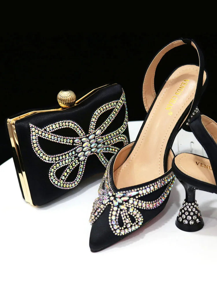 Yellow Classy Bowknot Pointed Toe Women's Shoes High Heel Elegant Sandals Shallow Mouth Shoes Bag Set Women