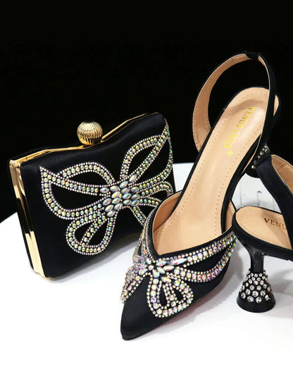 Yellow Classy Bowknot Pointed Toe Women's Shoes High Heel Elegant Sandals Shallow Mouth Shoes Bag Set Women