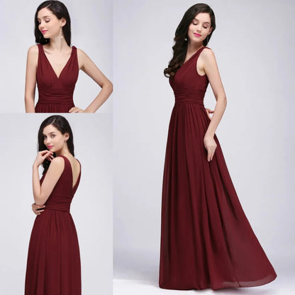 Elegant Burgundy V Neck Long Evening Dresses Summer Sleeveless Chiffon Ruched Formal Wedding Party Prom Gowns Vestido De Fiesta