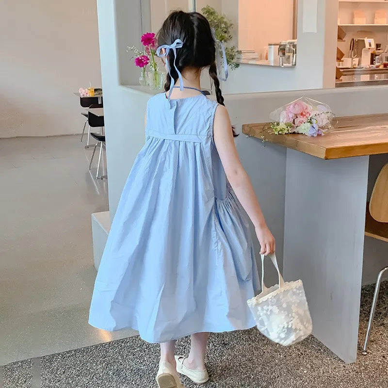 Summer Junior Girl Sleeveless Dress Solid Side Big Pockets Blue Ruched Dress For 2-10Y Girls Casual Round Collar Baby Girl Dress