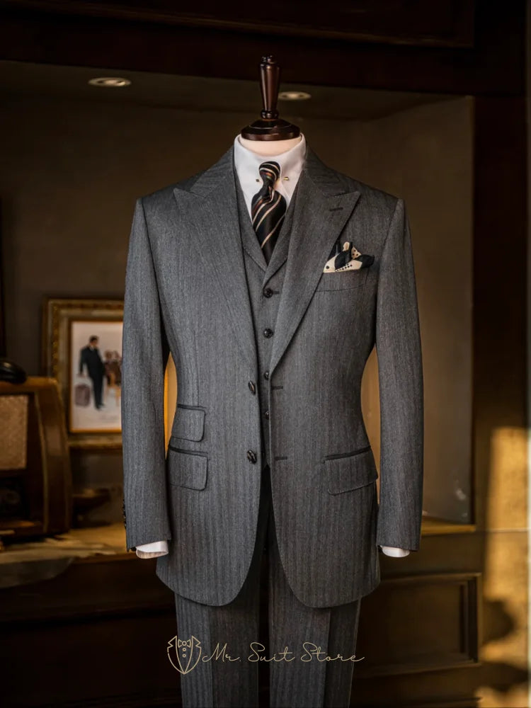 New Men's 3piece Suit Single Breasted Herringbone Pattern Men's Business Formal Attire Wedding Suit Groom's Jacket Men's Fashion