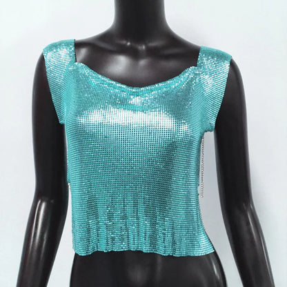 Women Metal Sequins Crop Tops Sexy Hollow Out Sleeveless Backless Y2k Tank Tops Nightclub Party Rave Festival Camisole 2023 New