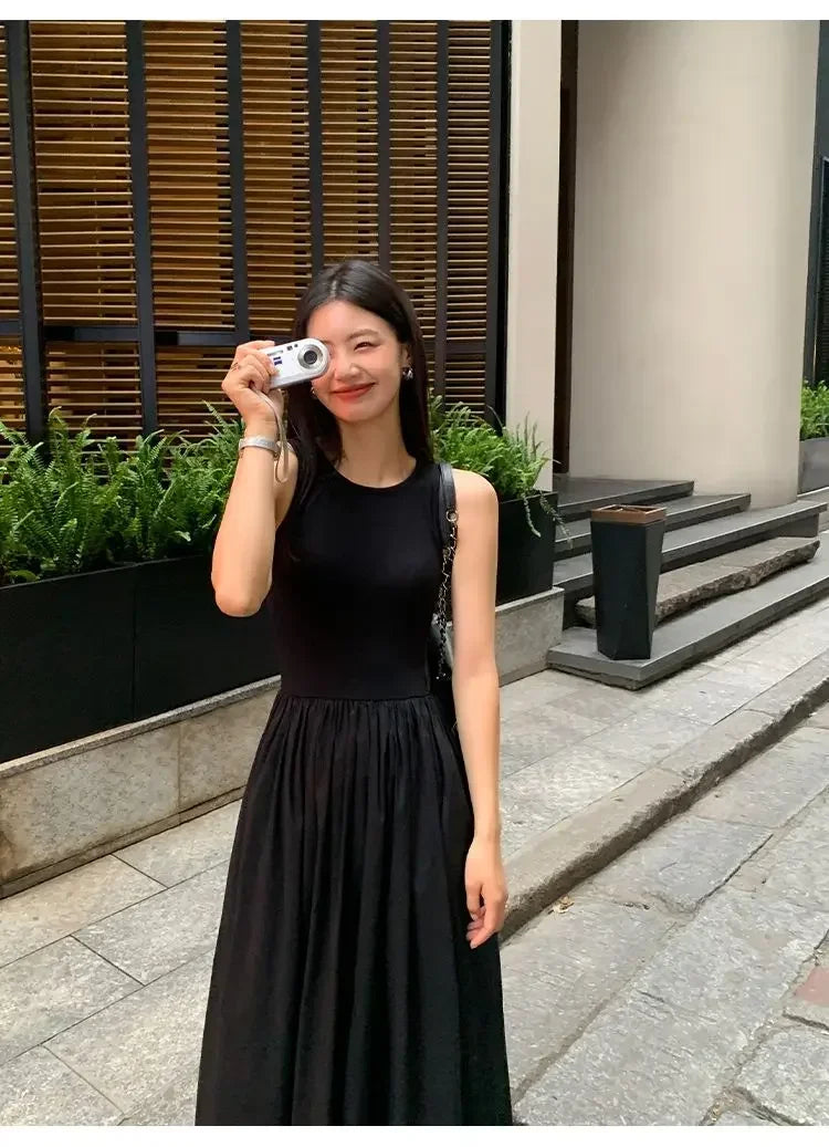 New Vintage Black Tank Top Midi Dress Wedding Dresses for Women Clothing O Neck Office Lady Casual Pockets Women's Clothing