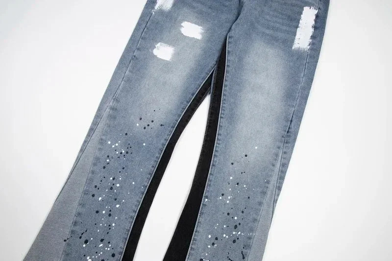 American retro washed letter spliced denim trousers high street trendy brand couple loose straight micro-flared long trousers