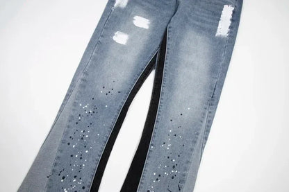 American retro washed letter spliced denim trousers high street trendy brand couple loose straight micro-flared long trousers