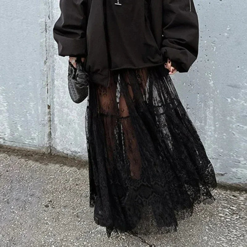 Y2K Korean Style Fashion Floor-Length Long Skirt Summer A-Line Mesh See Through polka Dot Skirt Women High Waist Lace Maxi Skirt