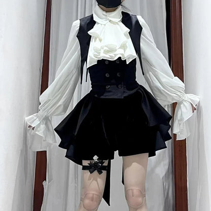 Y2k Aesthetic Lolita Style Bow Dress Shorts Set Japanese Women Gothic Lace Flare Sleeve Button Shirt Dress Punk Party Mini Dress