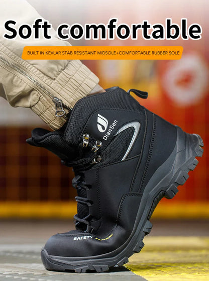 Men Work Boots Puncture-Proof Waterproof Work Shoes Steel Toe Safety Boots Industrial Indestructible Boots Side Leather Shoes
