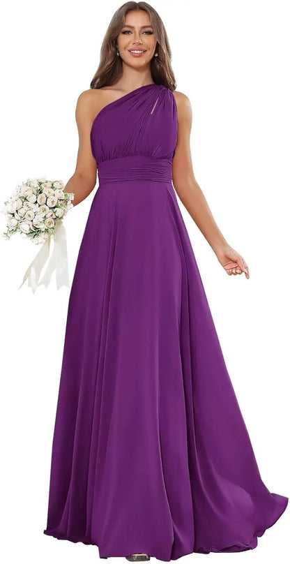 Vestidos de Daminha de Um Ombro para Mulheres Vestido de Noite Formal Longo de Chiffon Plissado Vestidos de Madrinha para Casamentos