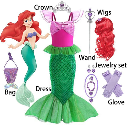 Little Mermaid Ariel Princess Girl Dress Up Charm Costume Kids Birthday Party Disguise Luxury Fishtail Clothes Wigs Sets