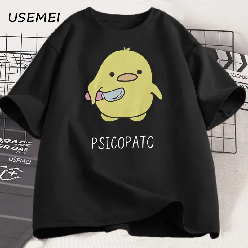 T Shirt Men Women Cute Duck with Knife Tshirt Casual Short Sleeve Cotton Printed Round Neck T-shirt Streetwear Loose