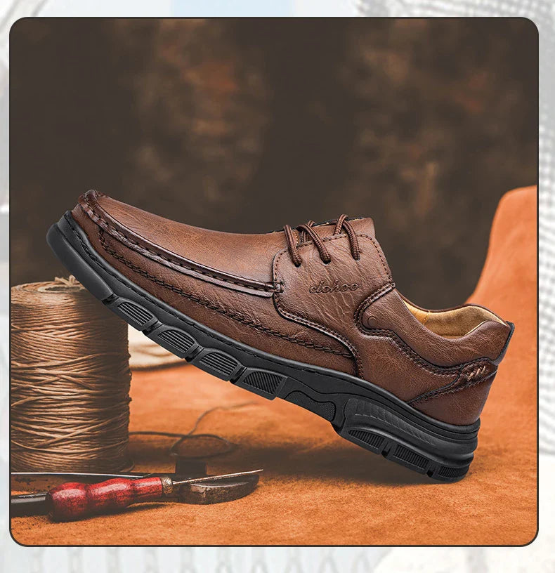 Men's Handmade Thick Rubber Bottom Breathable Casual Leather Shoes Classic Sewn Loafers Comfortable Leisure Footwear