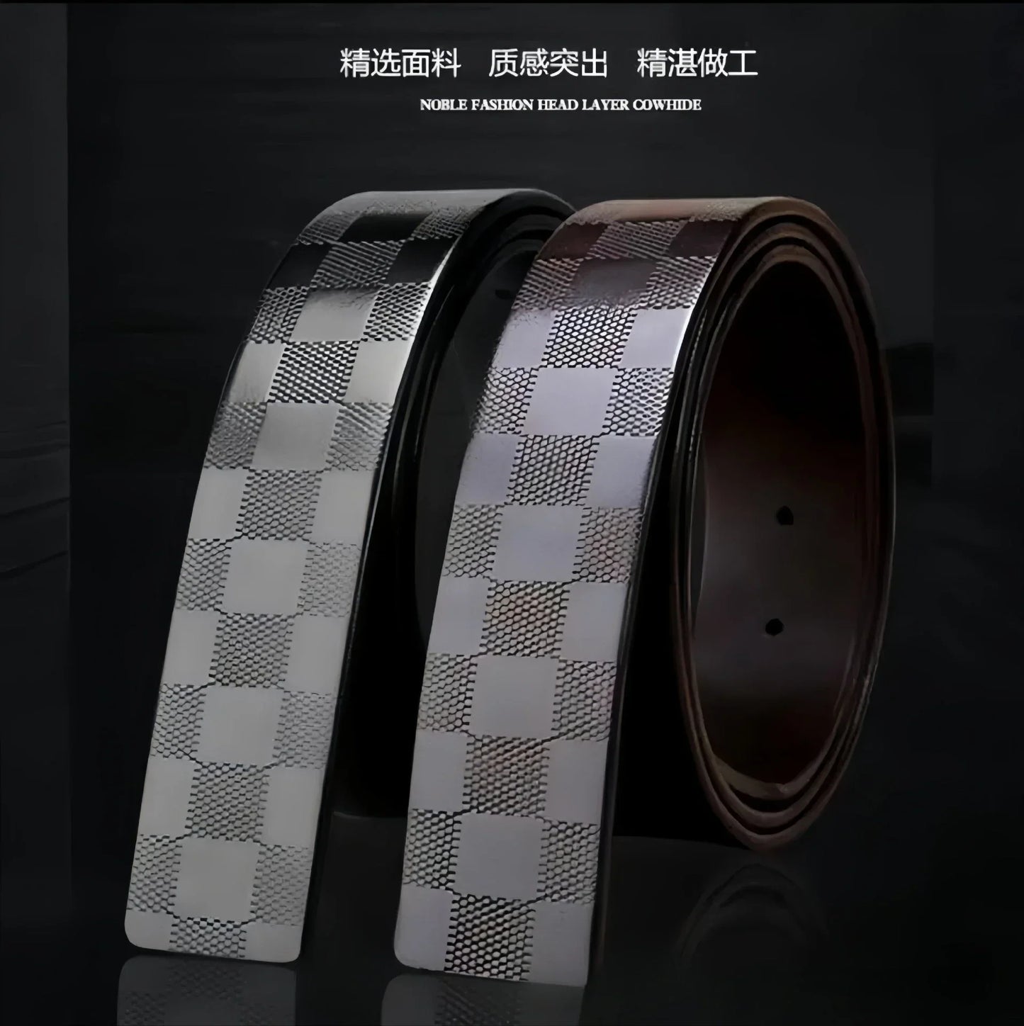 Light Luxury Mens Leather Belt Smooth Buckle Genuine Cowhide Perforated Pattern Fashion Trendy High End Versatile