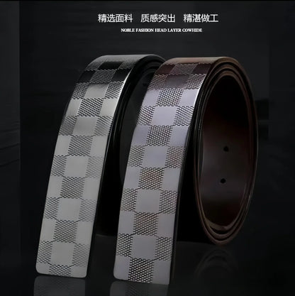 Light Luxury Mens Leather Belt Smooth Buckle Genuine Cowhide Perforated Pattern Fashion Trendy High End Versatile