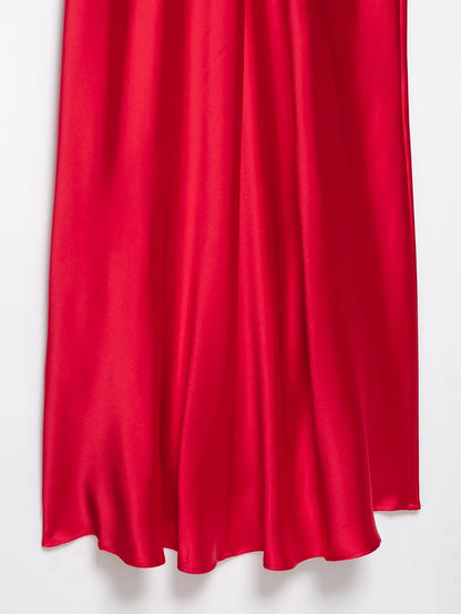 Women Red V-Neck Holiday Style Satin Texture Long Dress Sleeveless Summer Women's Back Zipper Fashion Sling Dresses