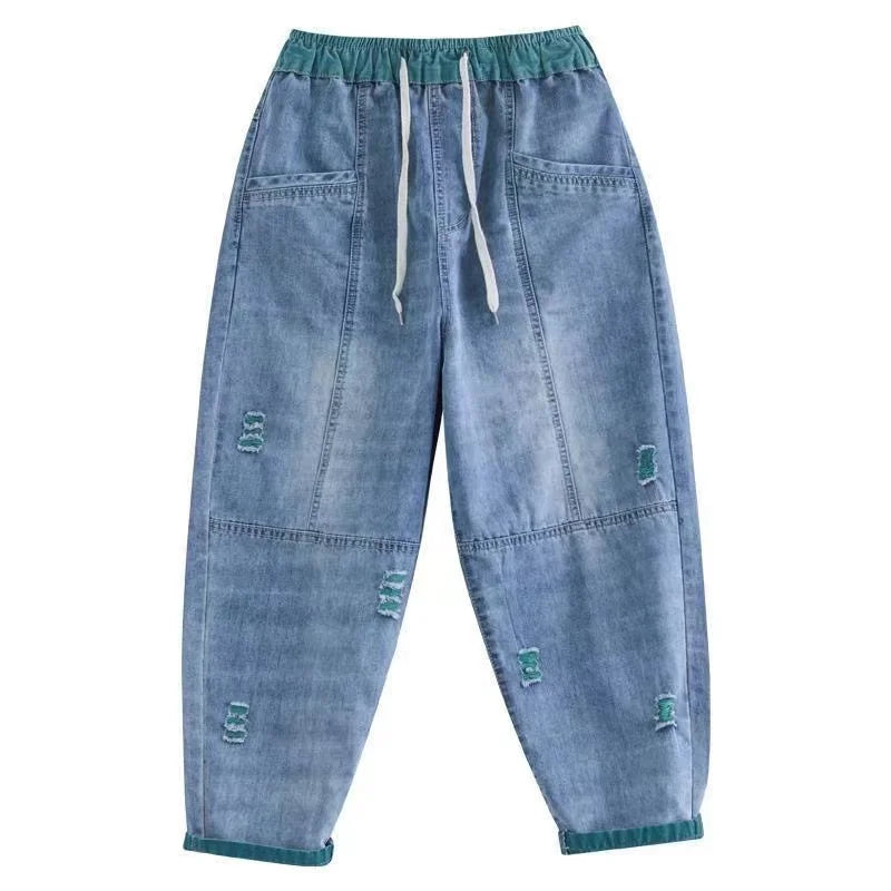 Calça Jeans Feminina de Cintura Alta Elástica Casual
