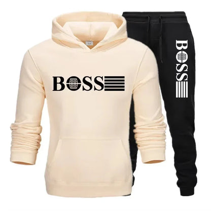 Winter and autumn fleece thickened hooded pullover sweater jacket for men, casual sports outfit, two-piece set for men