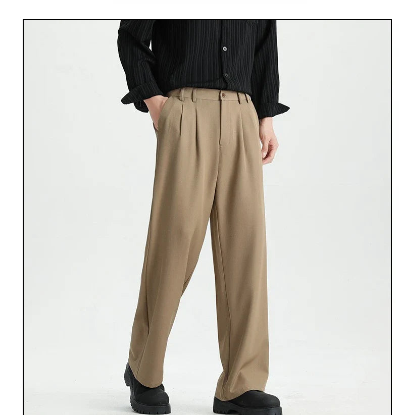 Spring New Loose Straight Pants Men Elastic Waist Double Pleats Wide Legs Casual Drape Fashionable Anti-wrinkle Trousers