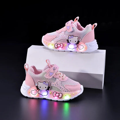 Kids'Casual Shoes Girls Led Light Cartoon PU Leather Fashion Sport Flat Bottom Shoes Breathable White Pink Size 21-30