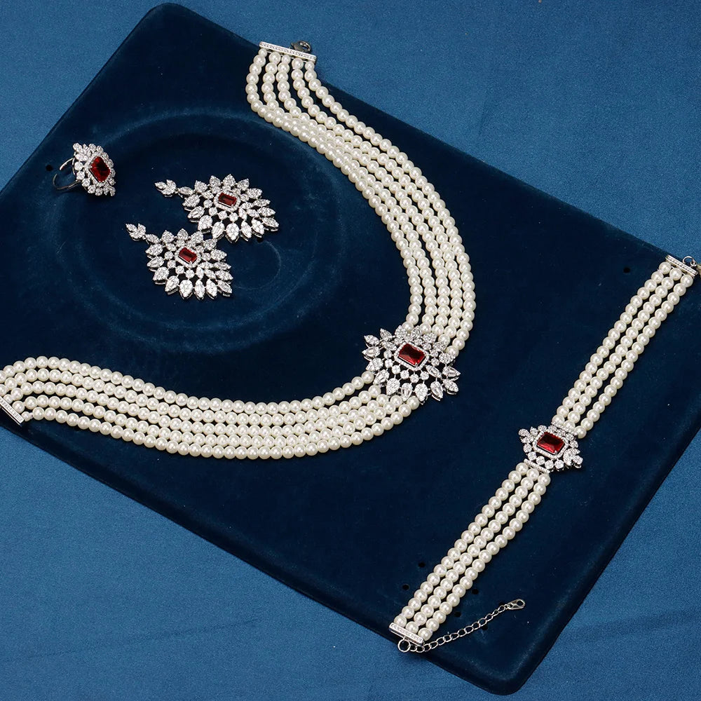 Gorgeous 5 Layered Imitation Pearl Choker with Planet Pendant Necklaces Bracelet Zircon 4PCS Jewelry Set for Women Wedding