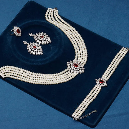 Gorgeous 5 Layered Imitation Pearl Choker with Planet Pendant Necklaces Bracelet Zircon 4PCS Jewelry Set for Women Wedding