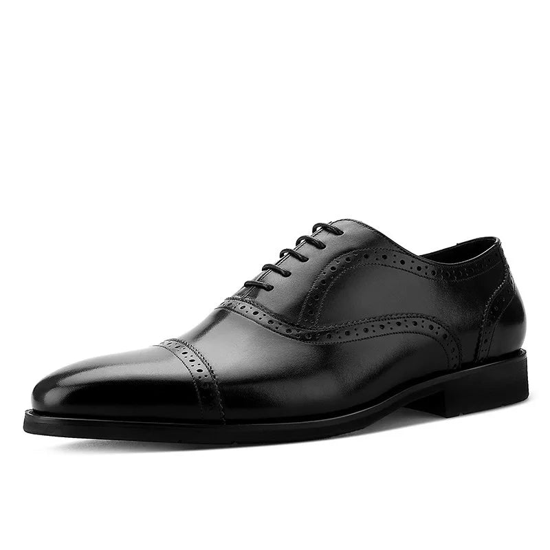 Men's Genuine Leather Brogue Oxfords, Business Formal Dress Shoes with Soft Rubber Sole