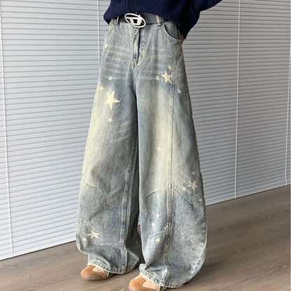 Vintage Casual Y2K High Waisted Straight Leg Star Jeans Fashion Cute Printed Gradual Pants for Men And Women
