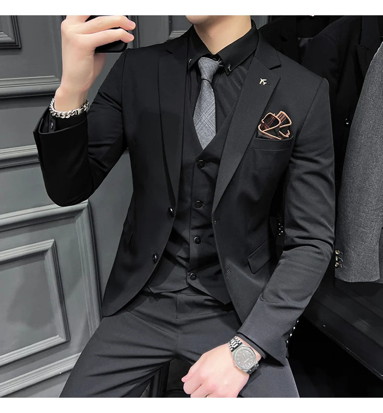 ( Blazer + Vest + Pants ) Boutique Fashion Solid Color Men's Slim Casual Business Suit Three-piece Set Groom Wedding Dress Party