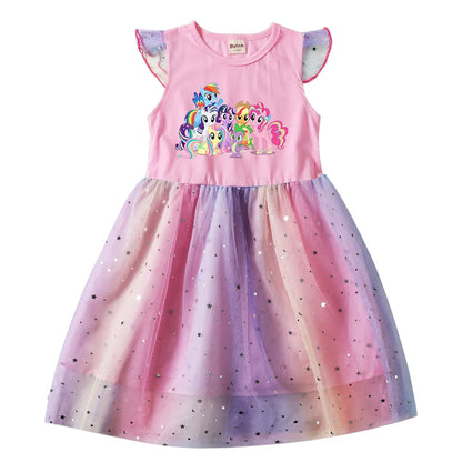 My Little Pony Baby Girls Dress Children Cartoon Mesh Star Sequins Princess Dress Kids Flying Sleeve Skirt For Daily Gift