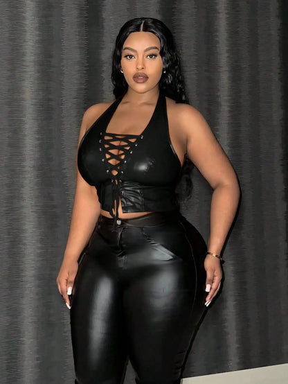 Sexy Leather Crop Top for Women with Hanging Neck Strap Hollow out Belted Waist Tight Strap Vest Large Size European Style