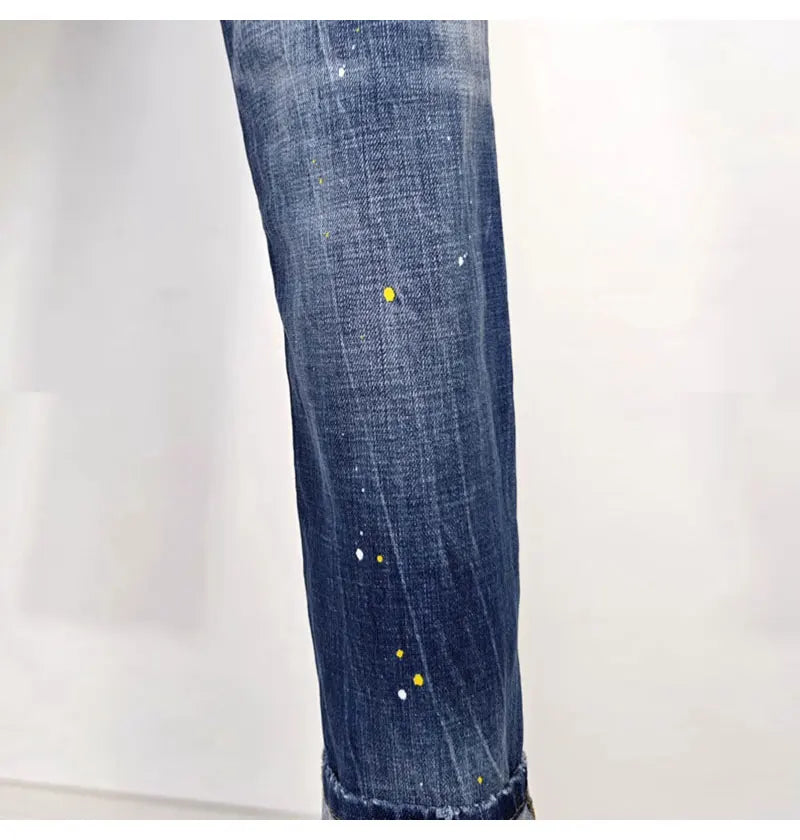 Street Fashion Men Jeans Retro Blue High Quality Elastic Skinny Fit Ripped Jeans Men Patched Designer Hip Hop Brand Pants Hombre