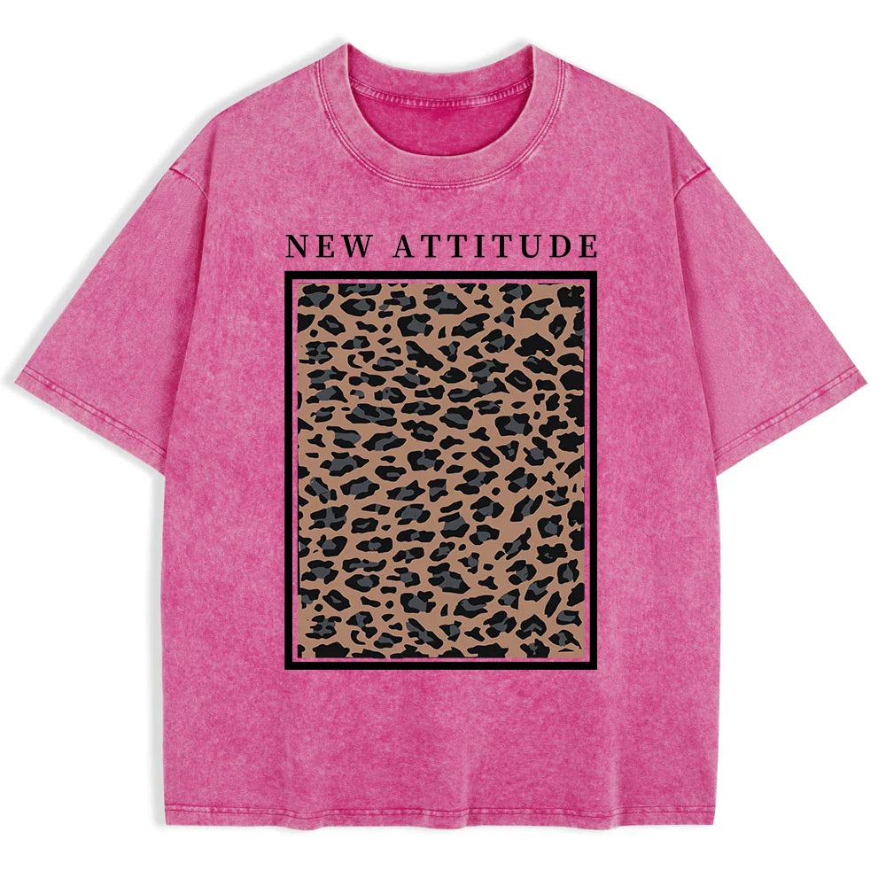 Cotton Washed T-shirt for Women New Attitude Fashion Leopard Prints Tops Loose O-Neck Oversized Short Sleeve Y2k Female Clothes