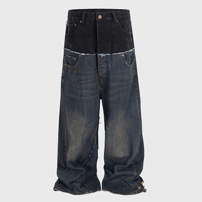 Niche Colorblock Patchwork Wide Leg Blue Jeans Men's Spring 2025 New Straight Double Waist Design Denim Trousers 28W6048