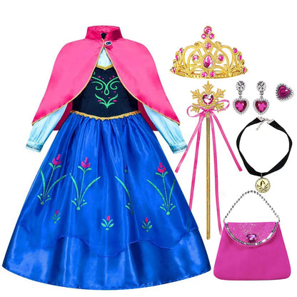 Frozen Classic Movie Princess Anna Dress With Red Cape Christmas Holiday Party Carnival Girls Gift Cosplay Anna Dress Set