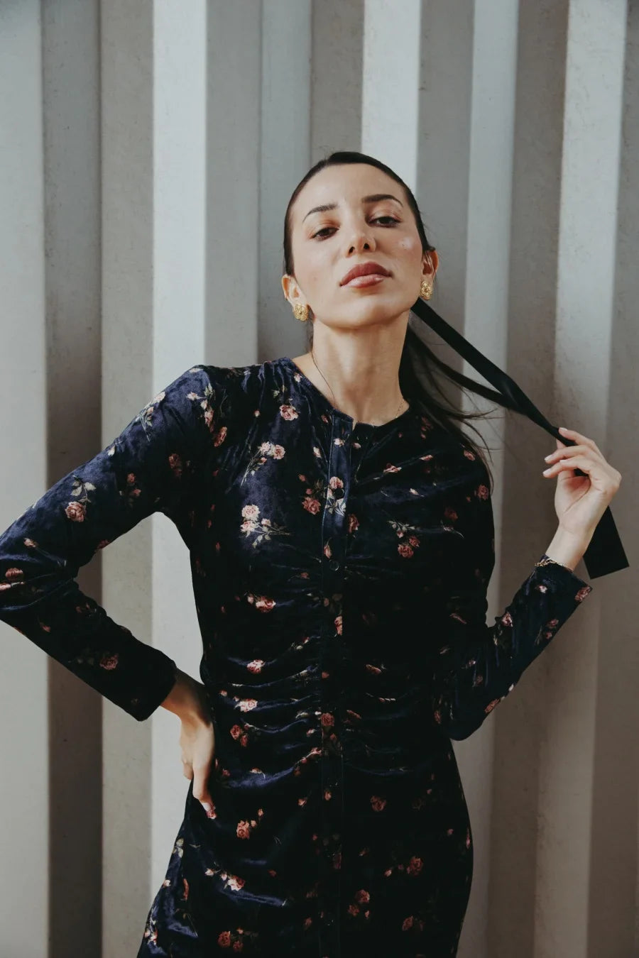 velvet print shirring woman dress elegance lady dressy wear