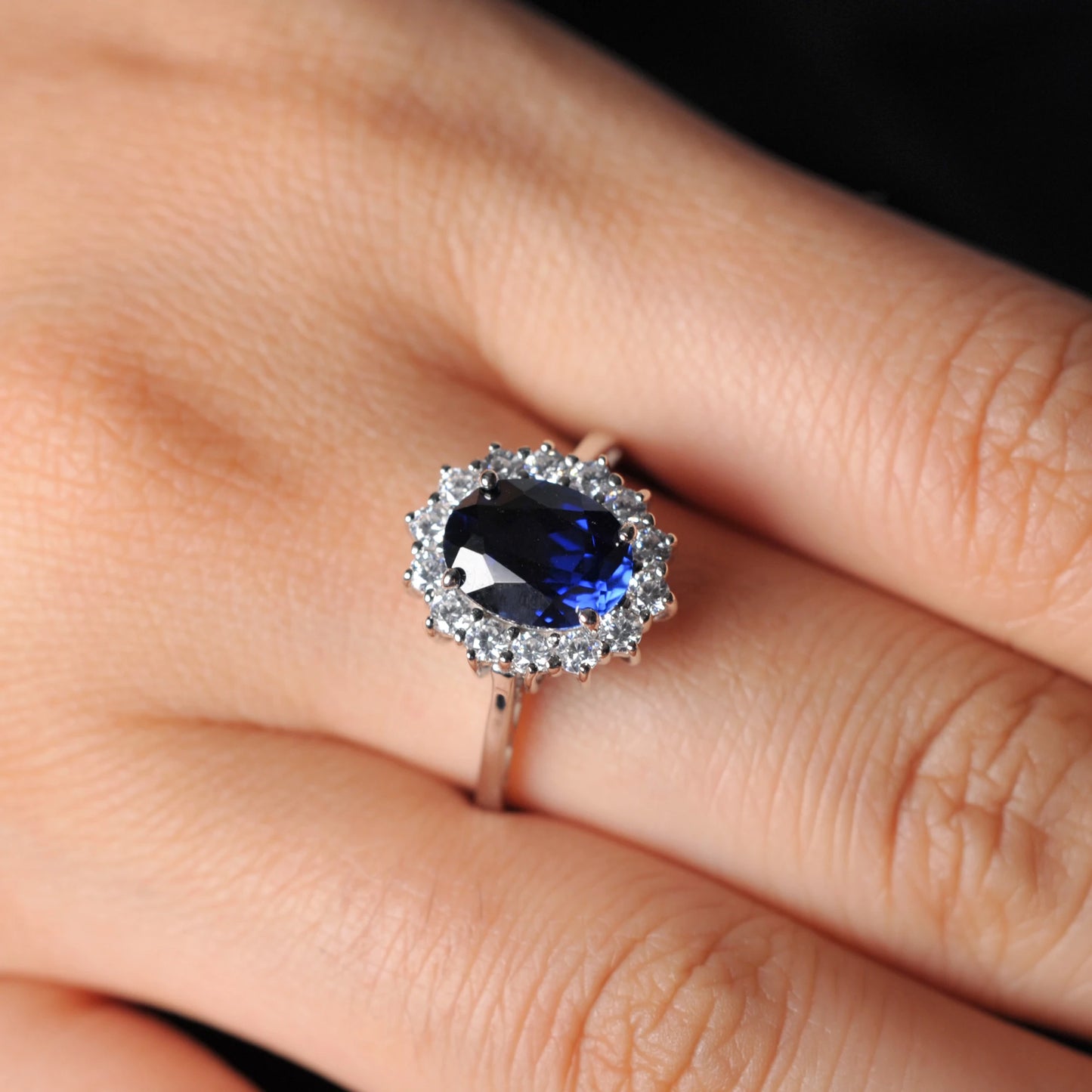 Halo Rings for Women Created Blue Sapphire Nano Emerald Red Ruby Princess Diana 2.67ct Oval Cut 925 Sterling Silver Rings