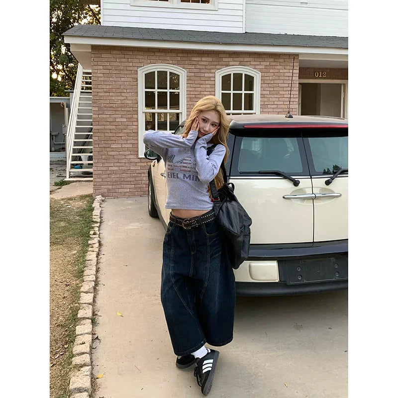 High Waist Vintage Design Hip Hop Straight Baggy Denim Pants